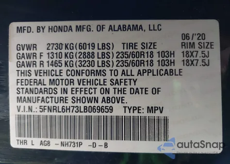 2020 Honda Odyssey Ex-L/Ex-L W/Navi Res из США, поврежденный, VIN 5FNRL6H73LB069659